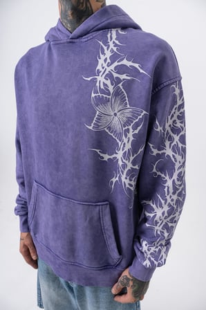 Erkek Far From Basic Baskılı Yıkamalı Kapüşonlu Oversize Hoodie Mor