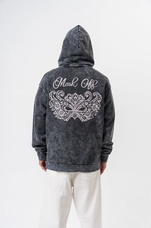 Erkek Mask Off Baskılı Yıkamalı Kapüşonlu Oversize Hoodie Siyah
