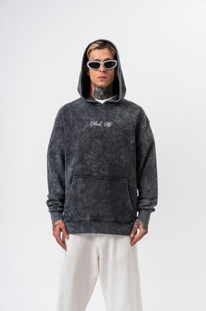 Erkek Mask Off Baskılı Yıkamalı Kapüşonlu Oversize Hoodie Siyah