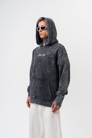 Erkek Mask Off Baskılı Yıkamalı Kapüşonlu Oversize Hoodie Siyah