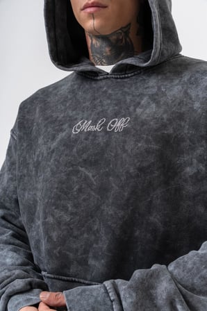 Erkek Mask Off Baskılı Yıkamalı Kapüşonlu Oversize Hoodie Siyah