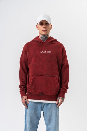 Erkek Mask Off Baskılı Yıkamalı Kapüşonlu Oversize Hoodie Bordo