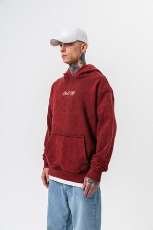 Erkek Mask Off Baskılı Yıkamalı Kapüşonlu Oversize Hoodie Bordo