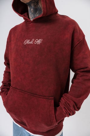 Erkek Mask Off Baskılı Yıkamalı Kapüşonlu Oversize Hoodie Bordo