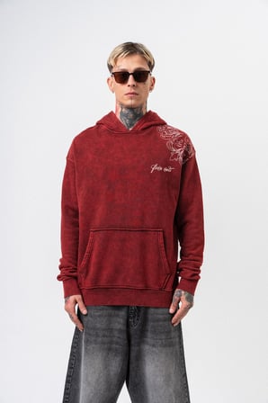 Erkek Fierce Baskılı Yıkamalı Kapüşonlu Oversize Hoodie Bordo