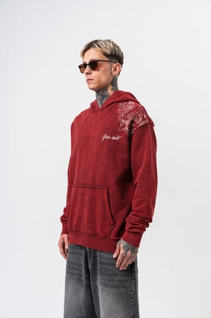 Erkek Fierce Baskılı Yıkamalı Kapüşonlu Oversize Hoodie Bordo