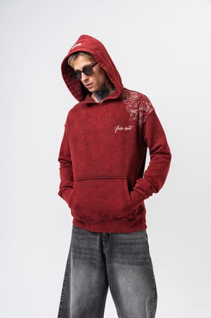 Erkek Fierce Baskılı Yıkamalı Kapüşonlu Oversize Hoodie Bordo