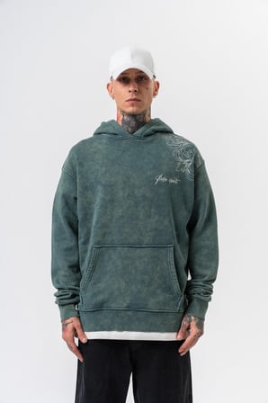Erkek Fierce Baskılı Yıkamalı Kapüşonlu Oversize Hoodie Yeşil