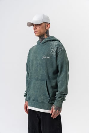Erkek Fierce Baskılı Yıkamalı Kapüşonlu Oversize Hoodie Yeşil