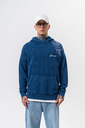 Erkek Fierce Baskılı Yıkamalı Kapüşonlu Oversize Hoodie İndigo
