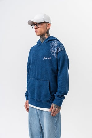Erkek Fierce Baskılı Yıkamalı Kapüşonlu Oversize Hoodie İndigo