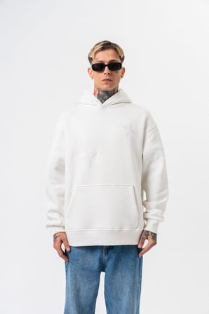 Erkek Süzene Nakış Detaylı Kapüşonlu Oversize Hoodie Ekru