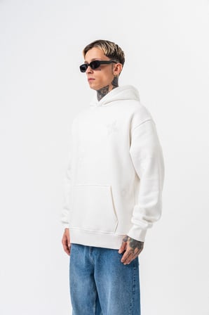 Erkek Süzene Nakış Detaylı Kapüşonlu Oversize Hoodie Ekru