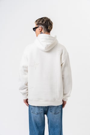 Erkek Süzene Nakış Detaylı Kapüşonlu Oversize Hoodie Ekru