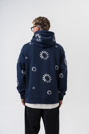 Erkek Upload Baskılı Kapüşonlu Oversize Hoodie Lacivert