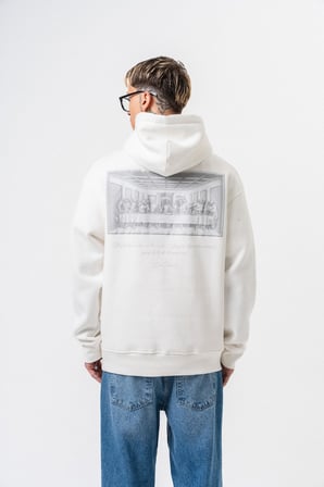 Erkek Da Vinci Baskılı Kapüşonlu Oversize Hoodie Ekru