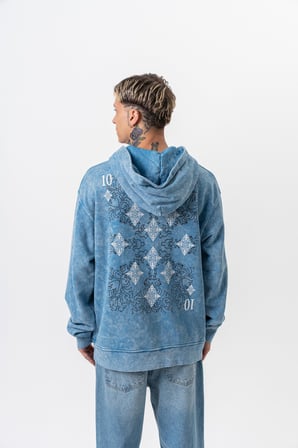 Erkek 10 Baskılı Yıkamalı Kapüşonlu Oversize Hoodie Mavi