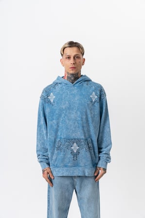 Erkek 10 Baskılı Yıkamalı Kapüşonlu Oversize Hoodie Mavi