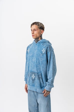 Erkek 10 Baskılı Yıkamalı Kapüşonlu Oversize Hoodie Mavi