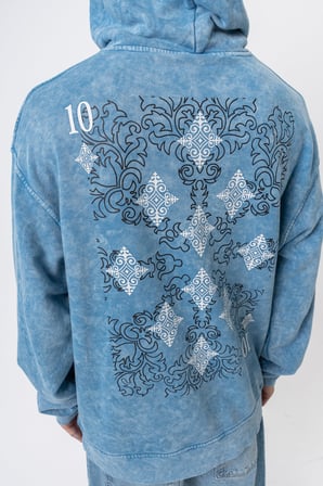 Erkek 10 Baskılı Yıkamalı Kapüşonlu Oversize Hoodie Mavi