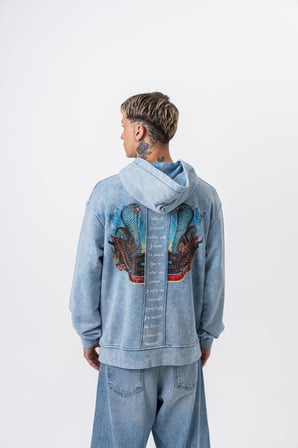 Erkek Snake Baskılı Yıkamalı Kapüşonlu Oversize Hoodie Mavi