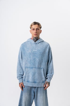 Erkek Snake Baskılı Yıkamalı Kapüşonlu Oversize Hoodie Mavi