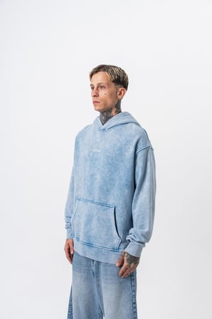 Erkek Snake Baskılı Yıkamalı Kapüşonlu Oversize Hoodie Mavi