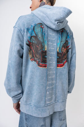 Erkek Snake Baskılı Yıkamalı Kapüşonlu Oversize Hoodie Mavi