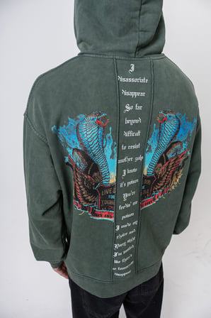 Erkek Snake Baskılı Yıkamalı Kapüşonlu Oversize Hoodie Yeşil