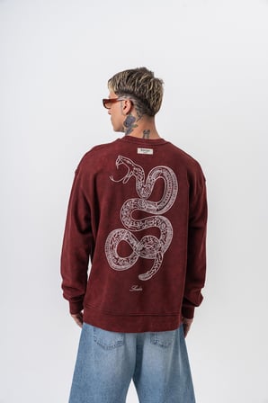 Erkek Snake Nakışlı Yıkamalı Bisiklet Yaka Oversize Sweatshirt Bordo