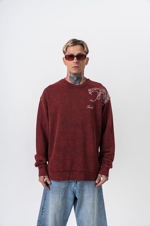 Erkek Snake Nakışlı Yıkamalı Bisiklet Yaka Oversize Sweatshirt Bordo