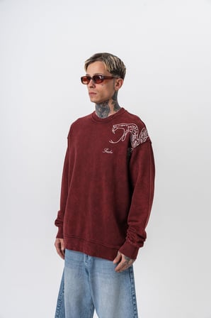 Erkek Snake Nakışlı Yıkamalı Bisiklet Yaka Oversize Sweatshirt Bordo