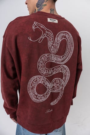 Erkek Snake Nakışlı Yıkamalı Bisiklet Yaka Oversize Sweatshirt Bordo