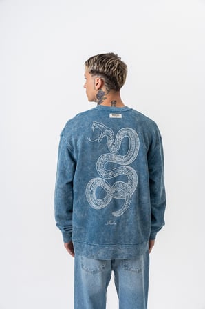 Erkek Snake Nakışlı Yıkamalı Bisiklet Yaka Oversize Sweatshirt Petrol