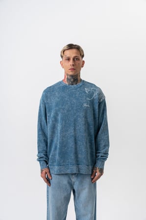 Erkek Snake Nakışlı Yıkamalı Bisiklet Yaka Oversize Sweatshirt Petrol