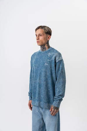 Erkek Snake Nakışlı Yıkamalı Bisiklet Yaka Oversize Sweatshirt Petrol