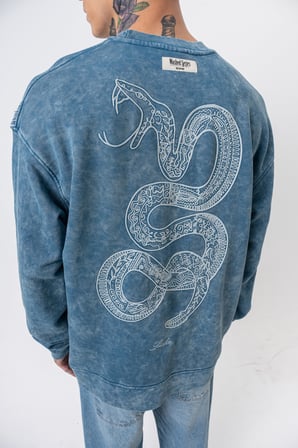 Erkek Snake Nakışlı Yıkamalı Bisiklet Yaka Oversize Sweatshirt Petrol