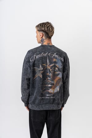 Erkek Divided Baskılı Yıkamalı Bisiklet Yaka Oversize Sweatshirt Siyah