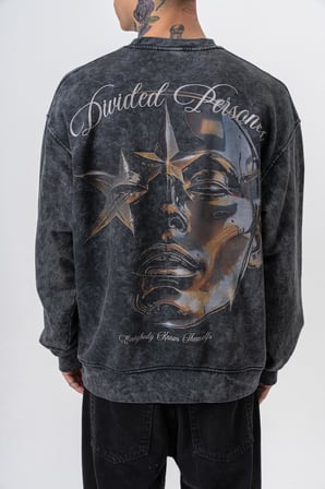 Erkek Divided Baskılı Yıkamalı Bisiklet Yaka Oversize Sweatshirt Siyah