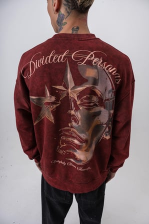 Erkek Divided Baskılı Yıkamalı Bisiklet Yaka Oversize Sweatshirt Bordo