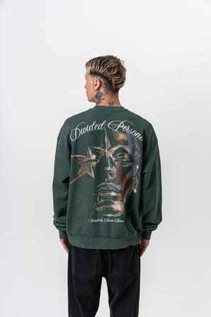 Erkek Divided Baskılı Yıkamalı Bisiklet Yaka Oversize Sweatshirt Yeşil