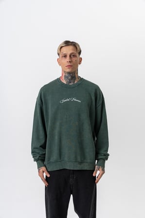 Erkek Divided Baskılı Yıkamalı Bisiklet Yaka Oversize Sweatshirt Yeşil