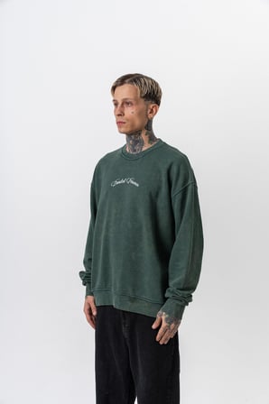 Erkek Divided Baskılı Yıkamalı Bisiklet Yaka Oversize Sweatshirt Yeşil