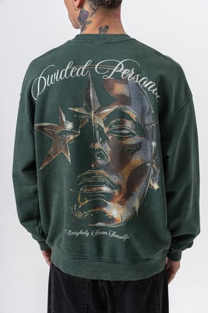 Erkek Divided Baskılı Yıkamalı Bisiklet Yaka Oversize Sweatshirt Yeşil