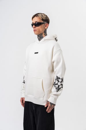 Erkek Astro Mode Baskılı Kapüşonlu Oversize Hoodie Ekru