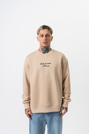 Erkek Memory Baskılı Bisiklet Yaka Oversize Sweatshirt Bej