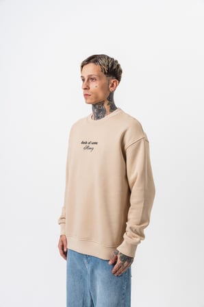 Erkek Memory Baskılı Bisiklet Yaka Oversize Sweatshirt Bej