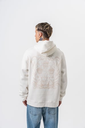 Erkek Garden Baskılı Kapüşonlu Oversize Hoodie Ekru