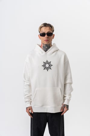 Erkek Itsbyzey Nakışlı Kapüşonlu Oversize Hoodie Ekru