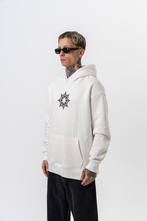 Erkek Itsbyzey Nakışlı Kapüşonlu Oversize Hoodie Ekru